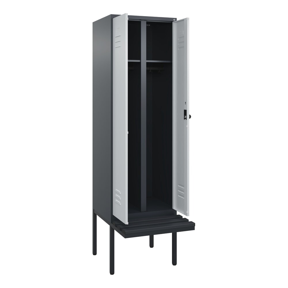 Produktabbildung: C+P Schwarz-Weiß-Spind Classic PLUS, 2 Abteile, HxBxT 2.120 x 600 x 815 mm, für Vorhängeschloss, auskragende Bank aus Kunststoff, anthrazitgrau, lichtgrau