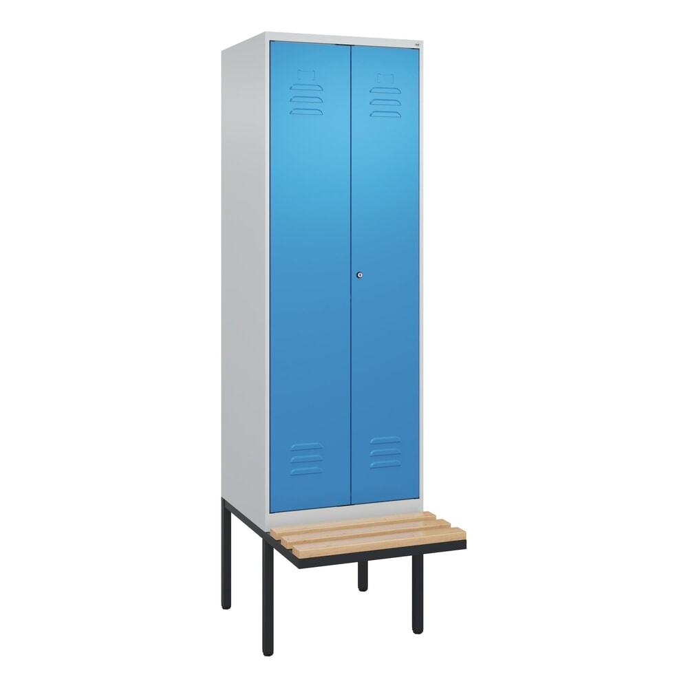 Produktabbildung Nr. 9: C+P Schwarz-Weiß-Spind Classic PLUS, 2 Abteile, HxBxT 2.120 x 600 x 815 mm, Zylinderschloss, auskragende Bank aus Buche, lichtgrau, lichtblau