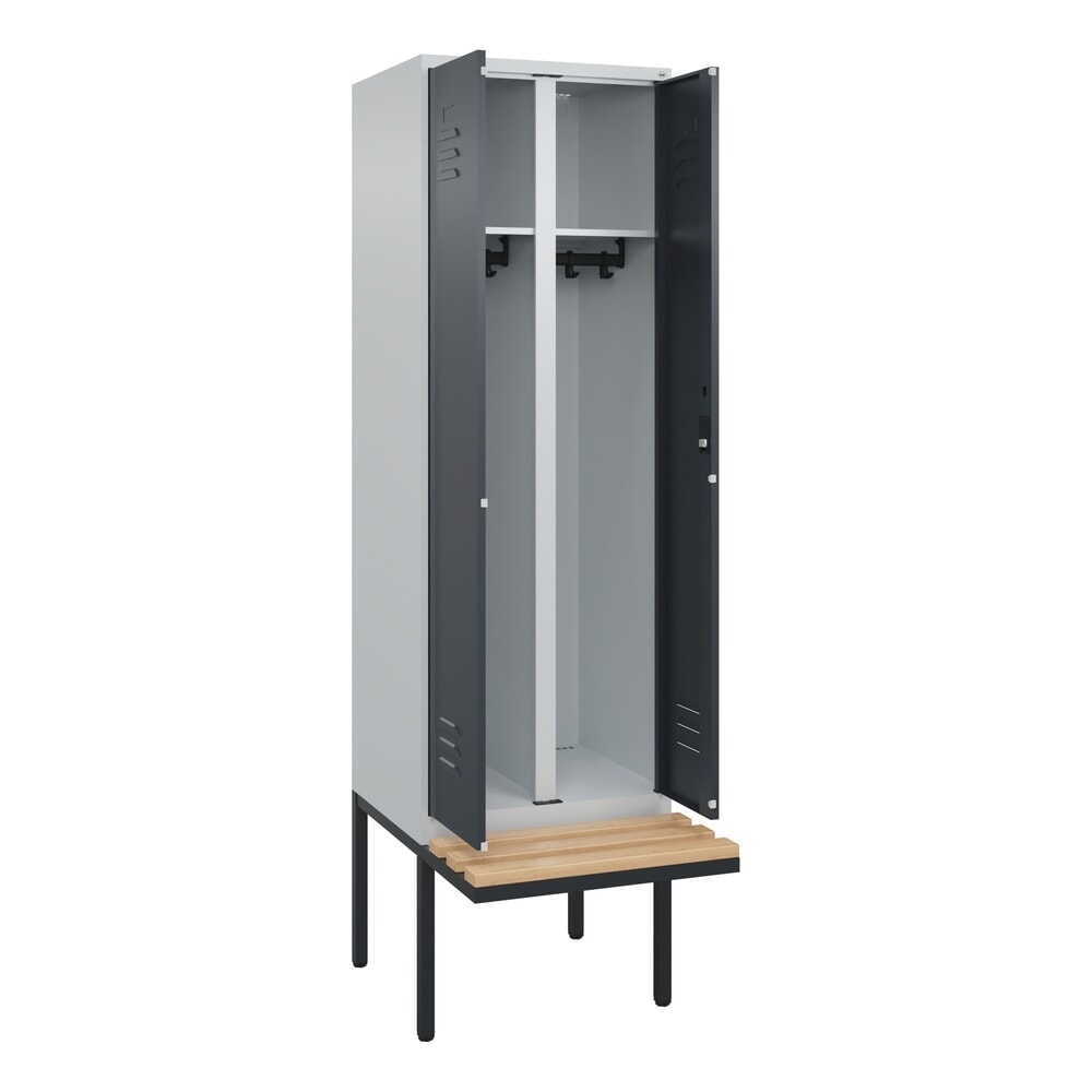Illustration du produit: C+P Schwarz-Weiß-Spind Classic PLUS, 2 Abteile, HxBxT 2.120 x 600 x 815 mm, Zylinderschloss, auskragende Bank aus Buche, lichtgrau, anthrazitgrau