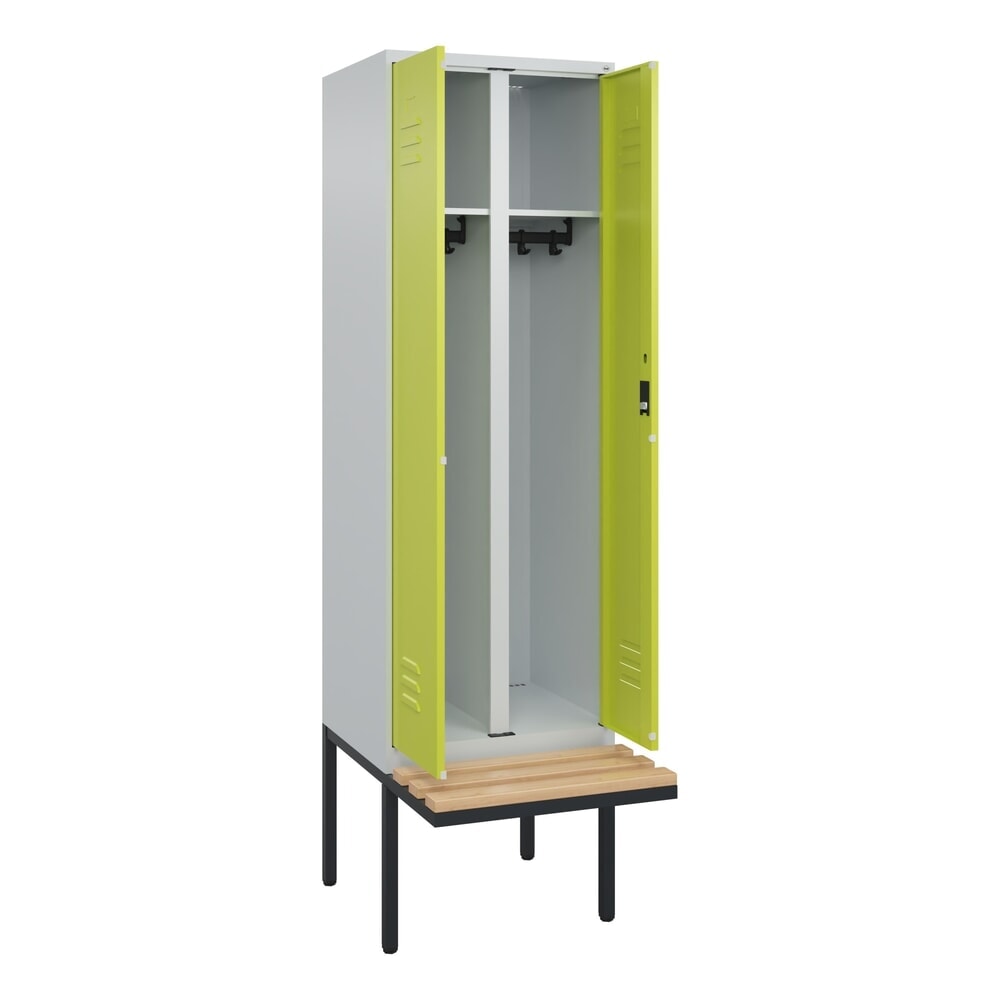 Produktabbildung: C+P Schwarz-Weiß-Spind Classic PLUS, 2 Abteile, HxBxT 2.120 x 600 x 815 mm, Zylinderschloss, auskragende Bank aus Buche, lichtgrau, clowngrün