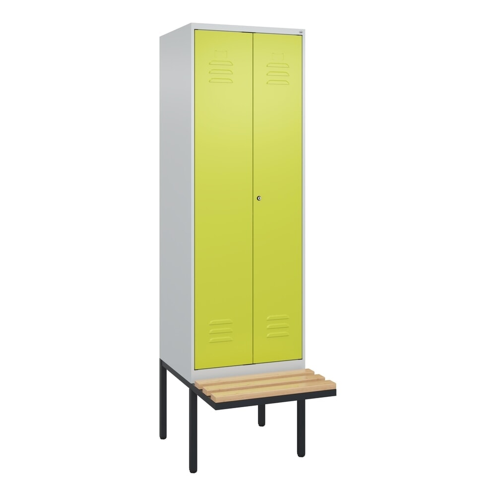 Produktabbildung Nr. 9: C+P Schwarz-Weiß-Spind Classic PLUS, 2 Abteile, HxBxT 2.120 x 600 x 815 mm, Zylinderschloss, auskragende Bank aus Buche, lichtgrau, clowngrün