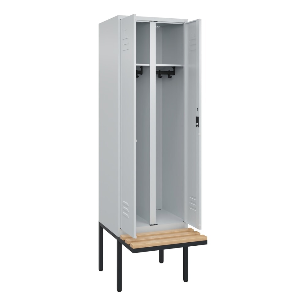 Illustration du produit: C+P Schwarz-Weiß-Spind Classic PLUS, 2 Abteile, HxBxT 2.120 x 600 x 815 mm, Zylinderschloss, auskragende Bank aus Buche, lichtgrau, lichtgrau