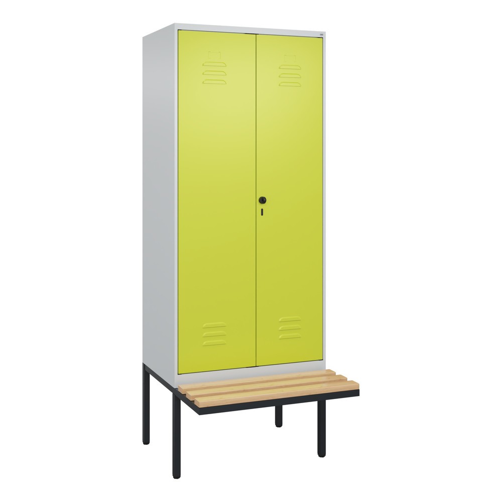Produktabbildung: C+P Schwarz-Weiß-Spind Classic PLUS, 2 Abteile, HxBxT 2.120 x 800 x 815 mm, für Vorhängeschloss, auskragende Bank aus Buche, lichtgrau, clowngrün
