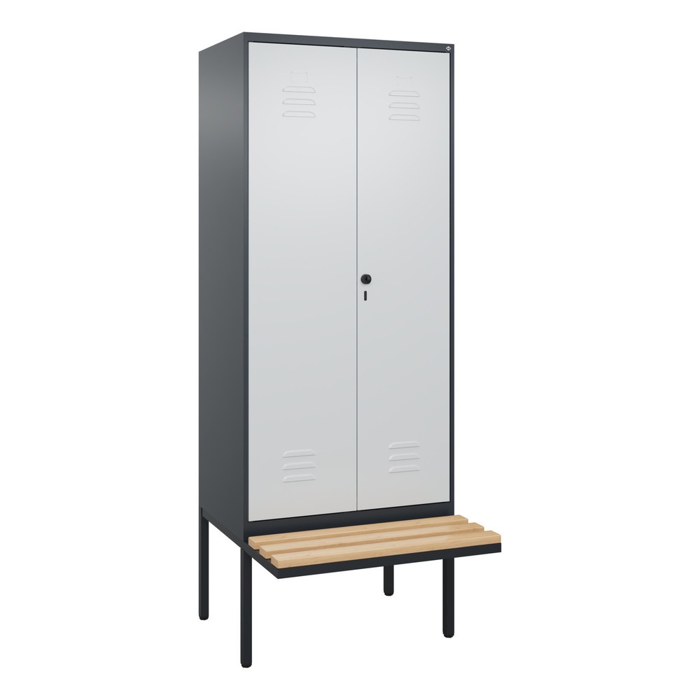 Produktabbildung: C+P Schwarz-Weiß-Spind Classic PLUS, 2 Abteile, HxBxT 2.120 x 800 x 815 mm, für Vorhängeschloss, auskragende Bank aus Buche, anthrazitgrau, lichtgrau