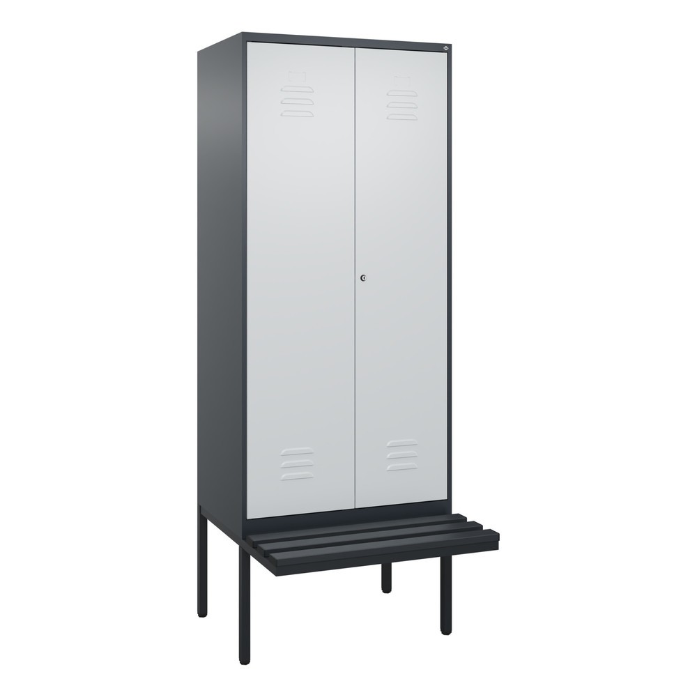 Produktabbildung: C+P Schwarz-Weiß-Spind Classic PLUS, 2 Abteile, HxBxT 2.120 x 800 x 815 mm, Zylinderschloss, auskragende Bank aus Kunststoff, anthrazitgrau, lichtgrau