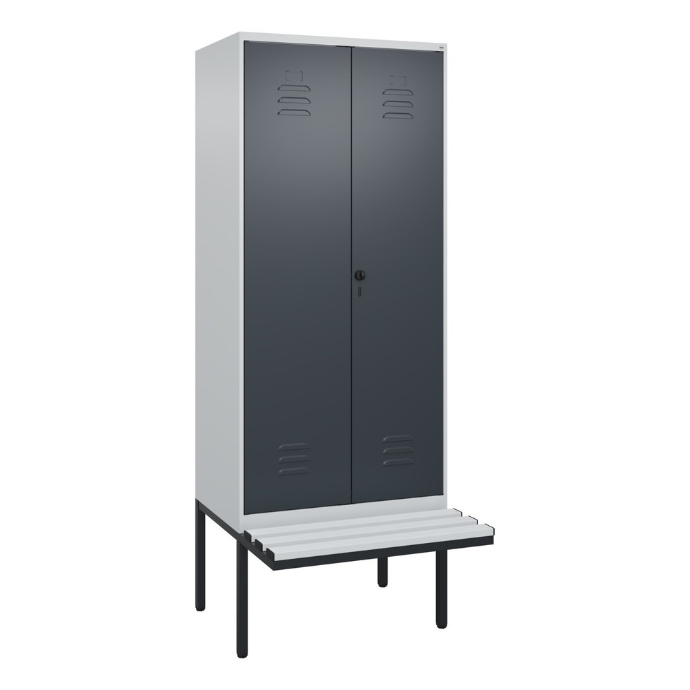 Produktabbildung: C+P Schwarz-Weiß-Spind Classic PLUS, 2 Abteile, HxBxT 2.120 x 800 x 815 mm, für Vorhängeschloss, auskragende Bank aus Kunststoff, lichtgrau, anthrazitgrau