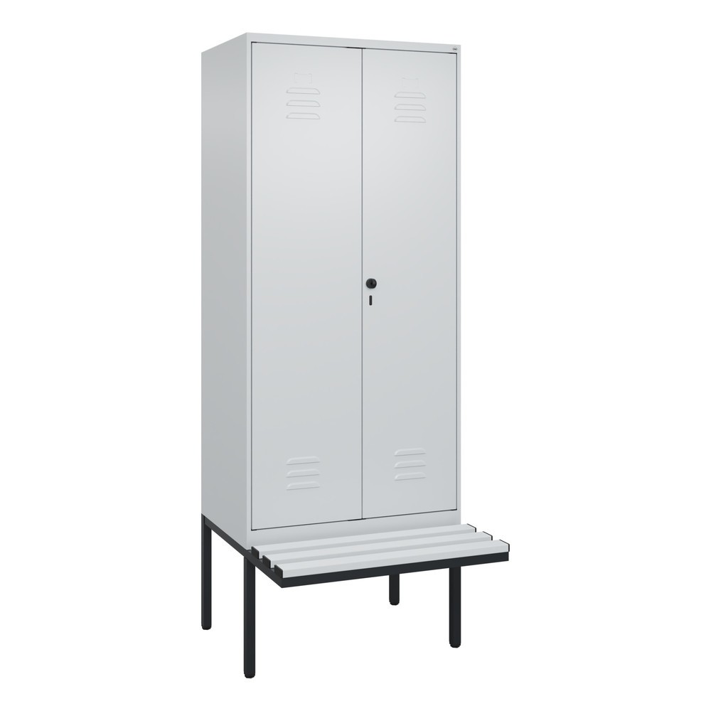 Produktabbildung: C+P Schwarz-Weiß-Spind Classic PLUS, 2 Abteile, HxBxT 2.120 x 800 x 815 mm, für Vorhängeschloss, auskragende Bank aus Kunststoff, lichtgrau, lichtgrau