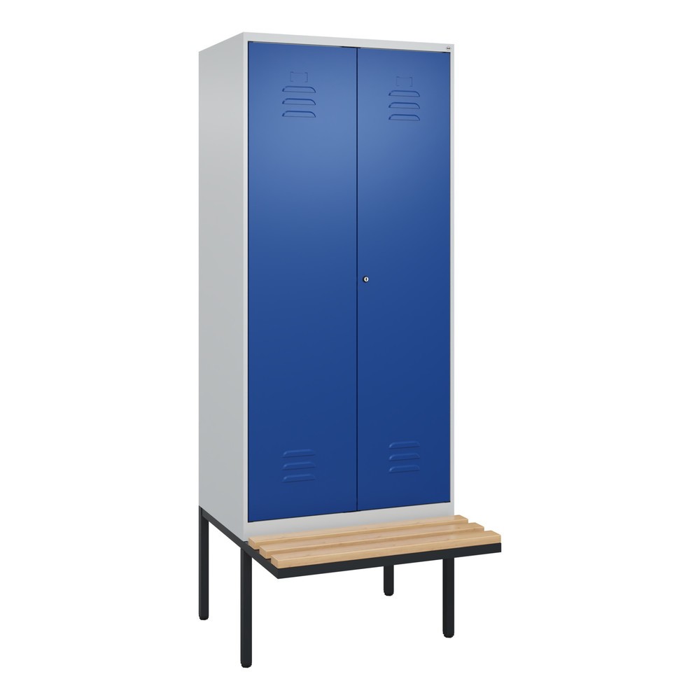 Produktabbildung: C+P Schwarz-Weiß-Spind Classic PLUS, 2 Abteile, HxBxT 2.120 x 800 x 815 mm, Zylinderschloss, auskragende Bank aus Buche, lichtgrau, enzianblau