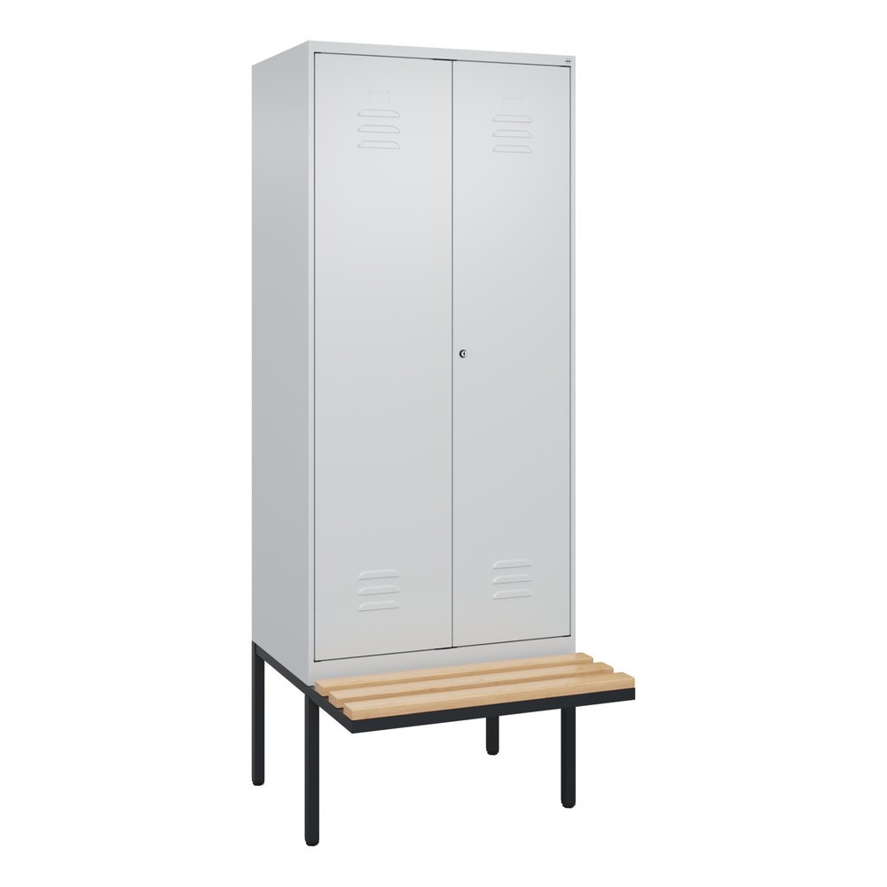 Produktabbildung: C+P Schwarz-Weiß-Spind Classic PLUS, 2 Abteile, HxBxT 2.120 x 800 x 815 mm, Zylinderschloss, auskragende Bank aus Buche, lichtgrau, lichtgrau