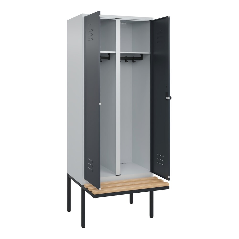 C+P Schwarz-Weiß-Spind Classic PLUS, 2 Abteile, HxBxT 2.120 x 800 x 815 mm, für Vorhängeschloss, auskragende Bank aus Buche, lichtgrau, anthrazitgrau Produktabbildung: C+P Schwarz-Weiß-Spind Classic PLUS, 2 Abteile, HxBxT 2.120 x 800 x 815 mm, für Vorhängeschloss, auskragende Bank aus Buche, lichtgrau, anthrazitgrau