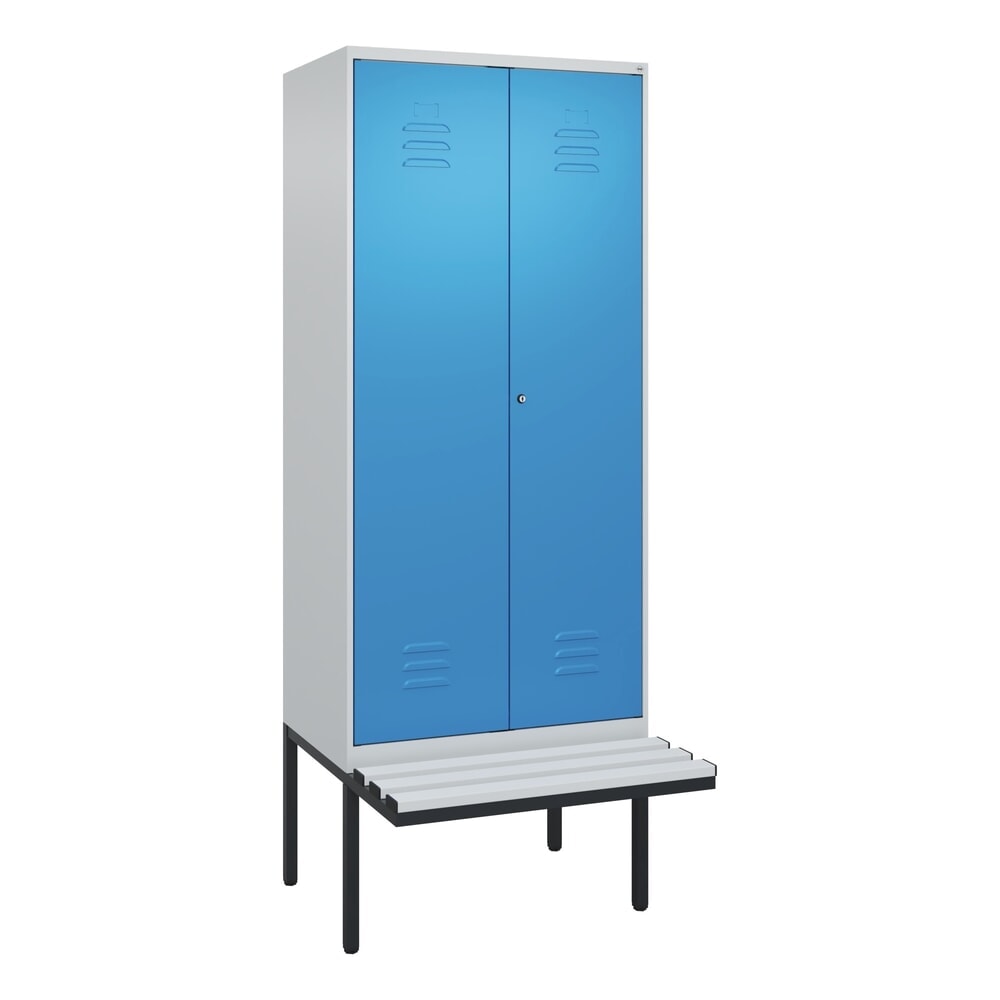 Produktabbildung Nr. 9: C+P Schwarz-Weiß-Spind Classic PLUS, 2 Abteile, HxBxT 2.120 x 800 x 815 mm, Zylinderschloss, auskragende Bank aus Kunststoff, lichtgrau, lichtblau