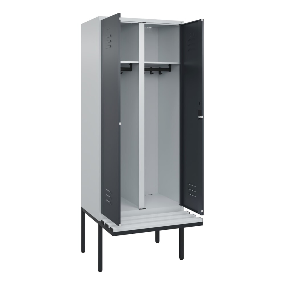 Produktabbildung: C+P Schwarz-Weiß-Spind Classic PLUS, 2 Abteile, HxBxT 2.120 x 800 x 815 mm, Zylinderschloss, auskragende Bank aus Kunststoff, lichtgrau, anthrazitgrau