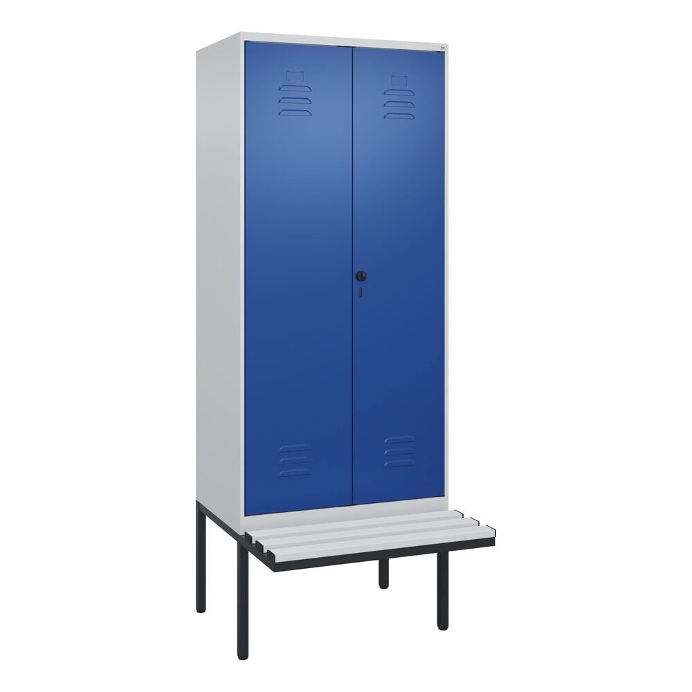 Produktabbildung Nr. 9: C+P Schwarz-Weiß-Spind Classic PLUS, 2 Abteile, HxBxT 2.120 x 800 x 815 mm, für Vorhängeschloss, auskragende Bank aus Kunststoff, lichtgrau, enzianblau