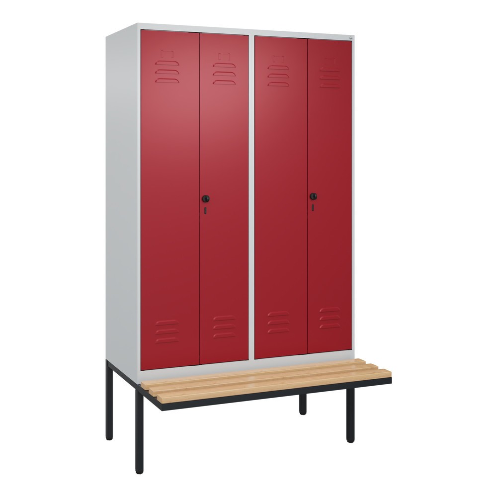 Produktabbildung: C+P Schwarz-Weiß-Spind Classic PLUS, 4 Abteile, HxBxT 2.120 x 1.200 x 815 mm, für Vorhängeschloss, auskragende Bank aus Buche, lichtgrau, rubinrot