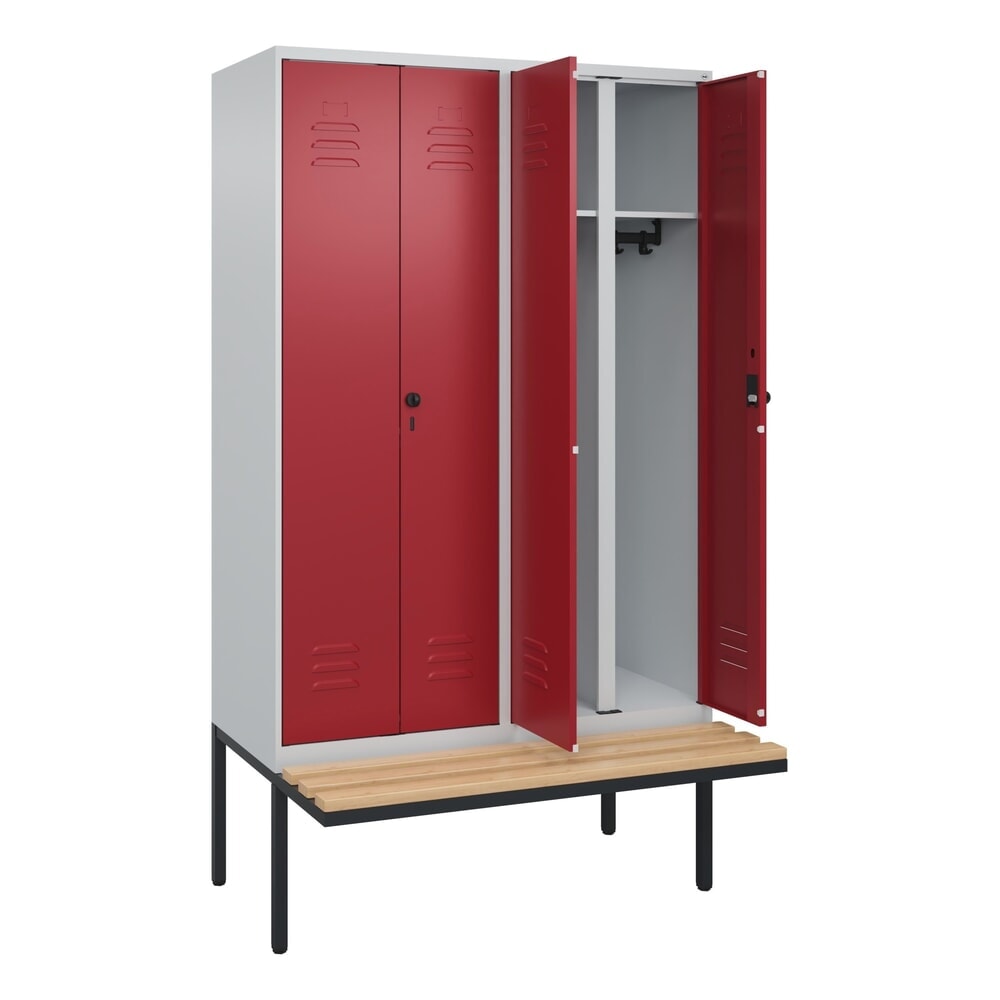 Produktabbildung: C+P Schwarz-Weiß-Spind Classic PLUS, 4 Abteile, HxBxT 2.120 x 1.200 x 815 mm, für Vorhängeschloss, auskragende Bank aus Buche, lichtgrau, rubinrot