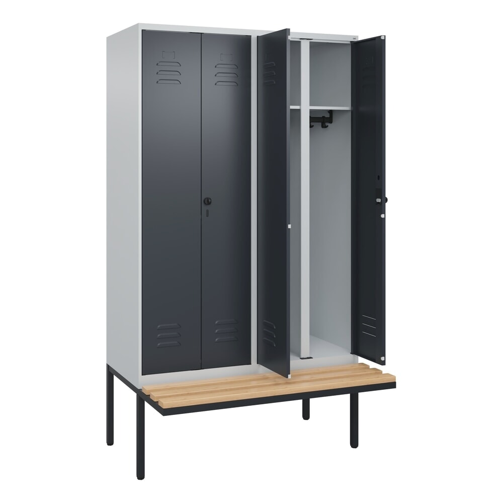 Produktabbildung Nr. 1: C+P Schwarz-Weiß-Spind Classic PLUS, 4 Abteile, HxBxT 2.120 x 1.200 x 815 mm, für Vorhängeschloss, auskragende Bank aus Buche, lichtgrau, anthrazitgrau