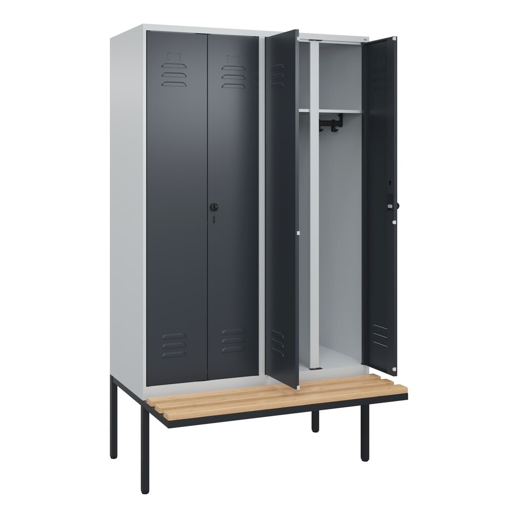 Produktabbildung Nr. 1: C+P Schwarz-Weiß-Spind Classic PLUS, 4 Abteile, HxBxT 2.120 x 1.200 x 815 mm, für Vorhängeschloss, auskragende Bank aus Buche, lichtgrau, anthrazitgrau