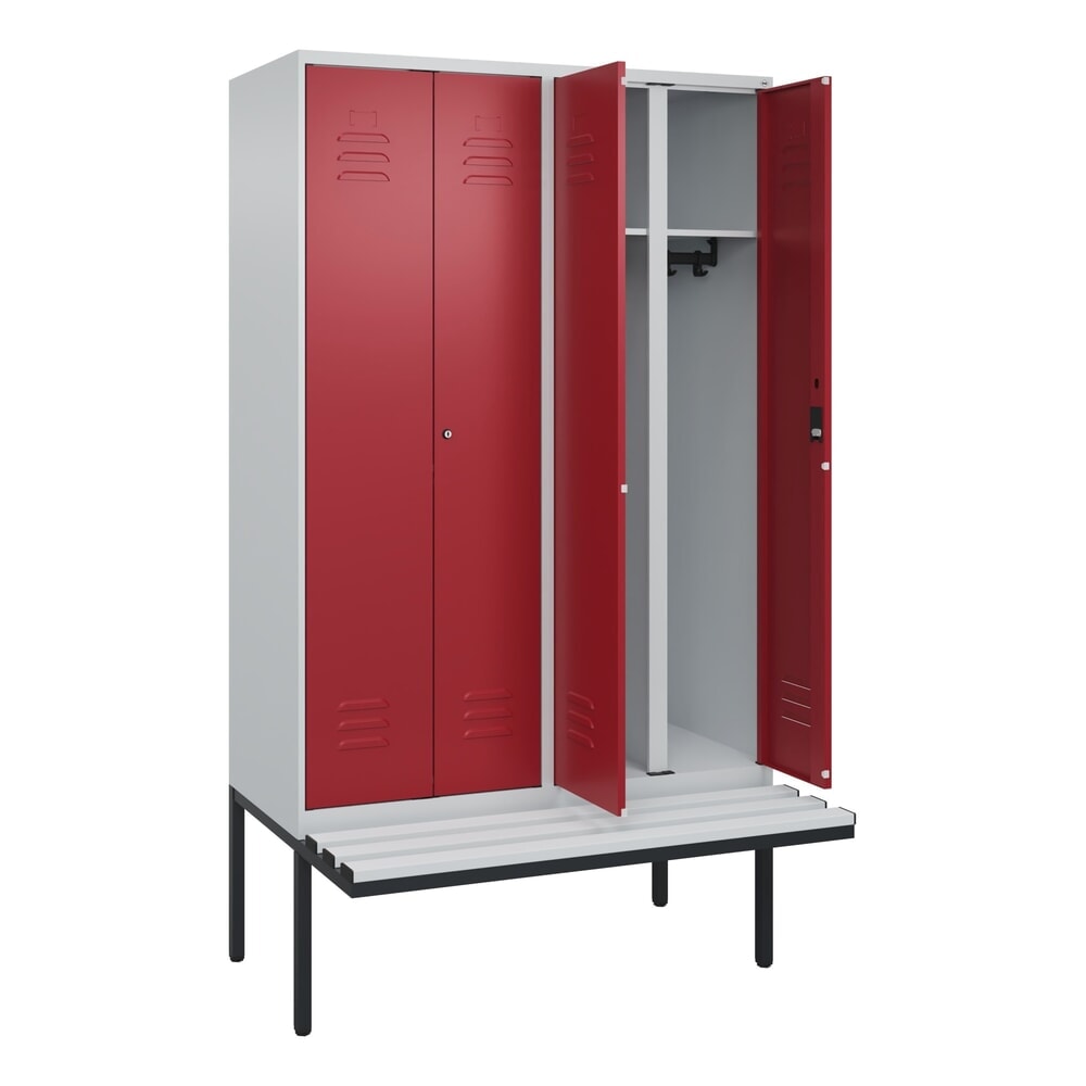 Produktabbildung Nr. 1: C+P Schwarz-Weiß-Spind Classic PLUS, 4 Abteile, HxBxT 2.120 x 1.200 x 815 mm, Zylinderschloss, auskragende Bank aus Kunststoff, lichtgrau, rubinrot