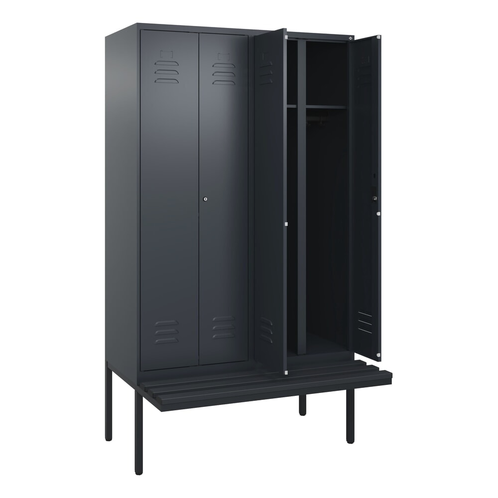 Produktabbildung Nr. 1: C+P Schwarz-Weiß-Spind Classic PLUS, 4 Abteile, HxBxT 2.120 x 1.200 x 815 mm, Zylinderschloss, auskragende Bank aus Kunststoff, anthrazitgrau, anthrazitgrau