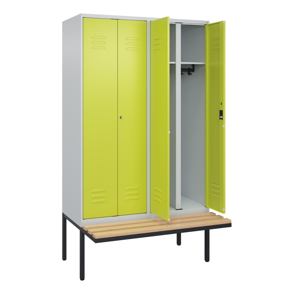 C+P Schwarz-Weiß-Spind Classic PLUS, 4 Abteile, HxBxT 2.120 x 1.200 x 815 mm, Zylinderschloss, auskragende Bank aus Buche, lichtgrau, clowngrün Produktabbildung: C+P Schwarz-Weiß-Spind Classic PLUS, 4 Abteile, HxBxT 2.120 x 1.200 x 815 mm, Zylinderschloss, auskragende Bank aus Buche, lichtgrau, clowngrün