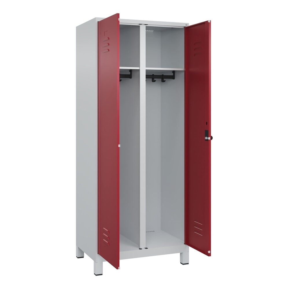 Produktabbildung: C+P Schwarz-Weiß-Spind Classic PLUS, Füße, 2 Abteile, HxBxT 1.950 x 800 x 500 mm, lichtgrau, rubinrot, für Vorhängeschloss