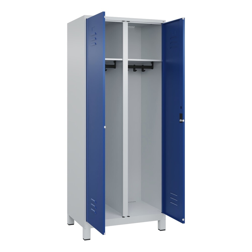 Produktabbildung: C+P Schwarz-Weiß-Spind Classic PLUS, Füße, 2 Abteile, HxBxT 1.950 x 800 x 500 mm, lichtgrau, enzianblau, Zylinderschloss