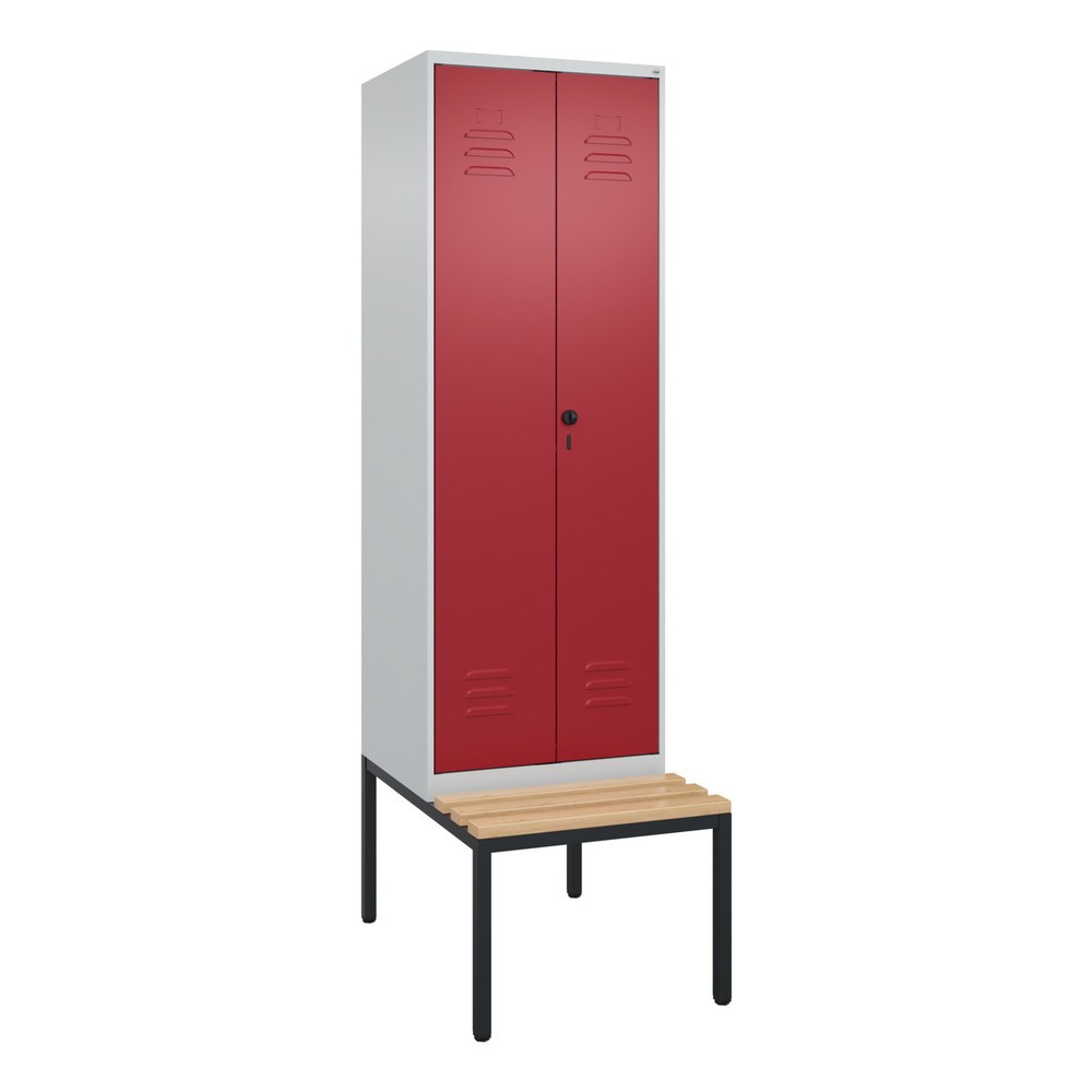 Produktabbildung: C+P Schwarz-Weiß-Spind Classic PLUS, 2 Abteile, HxBxT 2.120 x 600 x 815 mm, für Vorhängeschloss, untergebaute Bank aus Buche, lichtgrau, rubinrot