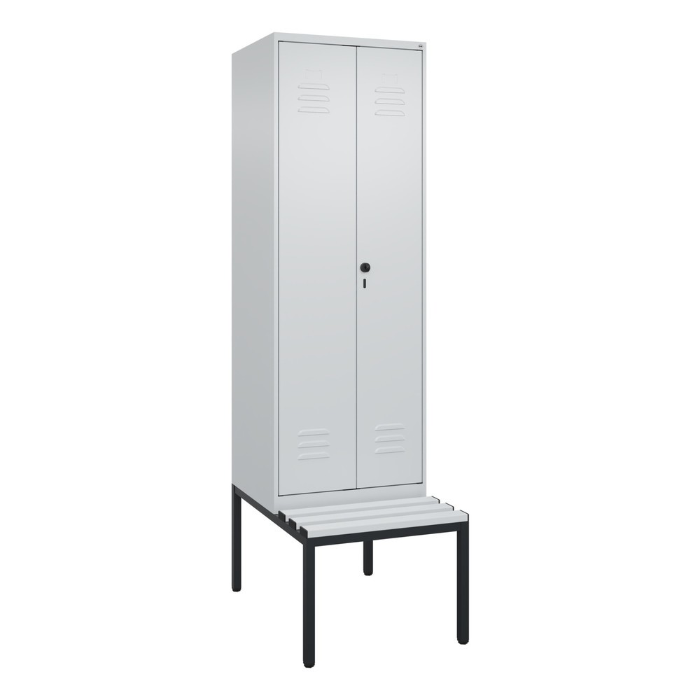 Produktabbildung: C+P Schwarz-Weiß-Spind Classic PLUS, 2 Abteile, HxBxT 2.120 x 600 x 815 mm, für Vorhängeschloss, untergebaute Bank aus Kunststoff, lichtgrau, lichtgrau