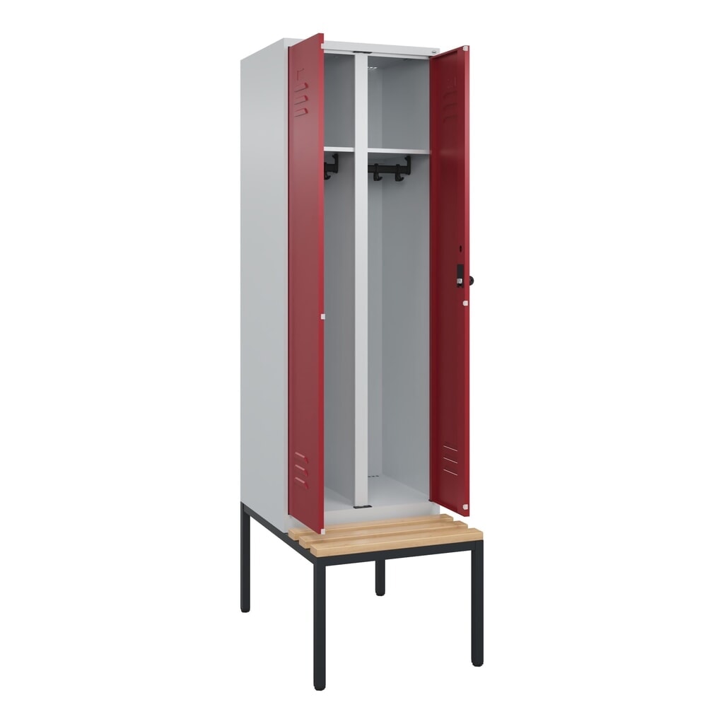 C+P Schwarz-Weiß-Spind Classic PLUS, 2 Abteile, HxBxT 2.120 x 600 x 815 mm, für Vorhängeschloss, untergebaute Bank aus Buche, lichtgrau, rubinrot Produktabbildung Nr. 1: C+P Schwarz-Weiß-Spind Classic PLUS, 2 Abteile, HxBxT 2.120 x 600 x 815 mm, für Vorhängeschloss, untergebaute Bank aus Buche, lichtgrau, rubinrot