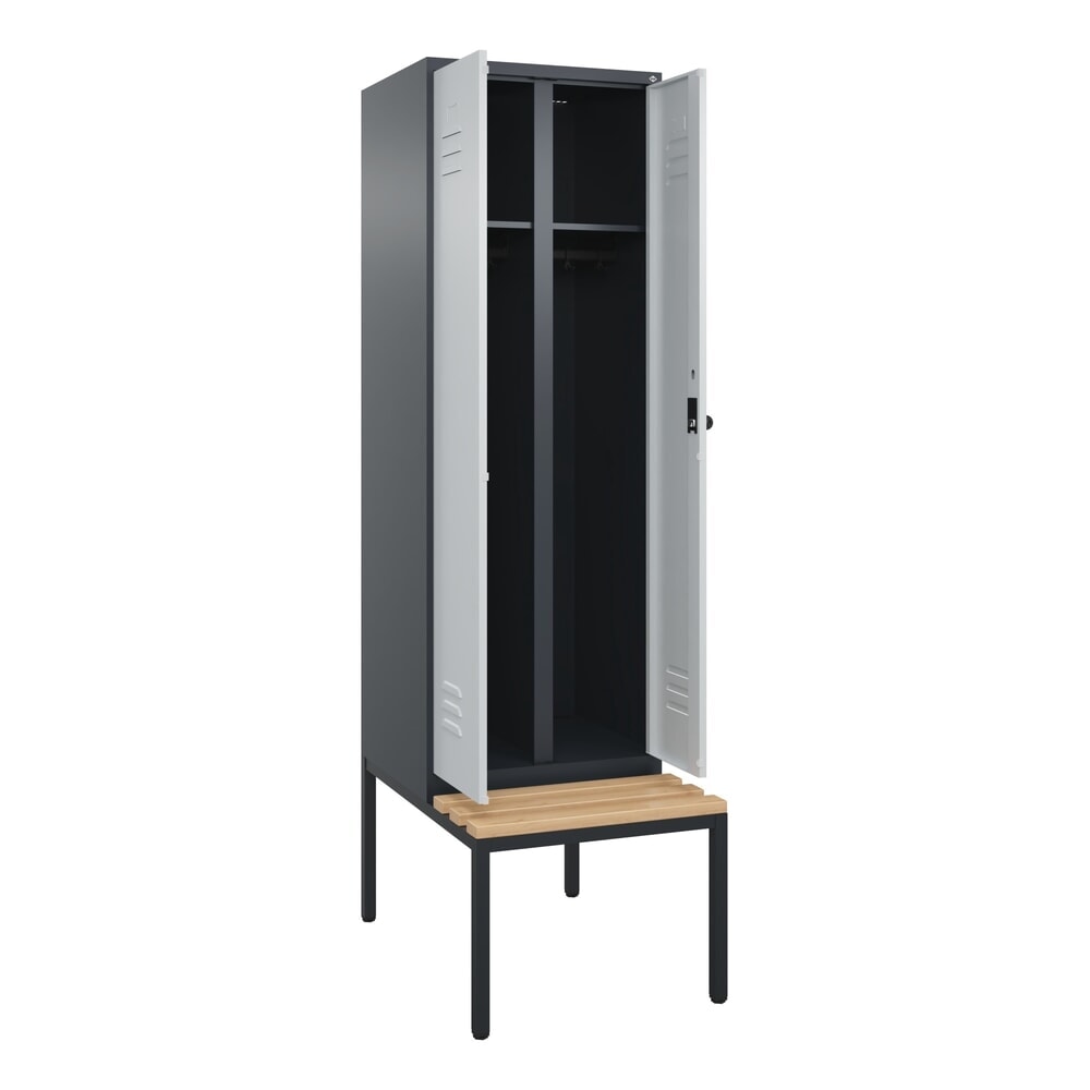 Illustration du produit: C+P Schwarz-Weiß-Spind Classic PLUS, 2 Abteile, HxBxT 2.120 x 600 x 815 mm, für Vorhängeschloss, untergebaute Bank aus Buche, anthrazitgrau, lichtgrau