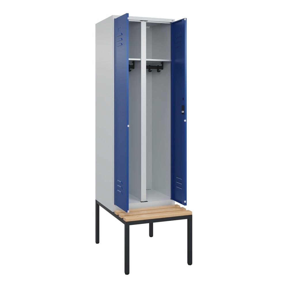 Produktabbildung: C+P Schwarz-Weiß-Spind Classic PLUS, 2 Abteile, HxBxT 2.120 x 600 x 815 mm, Zylinderschloss, untergebaute Bank aus Buche, lichtgrau, enzianblau