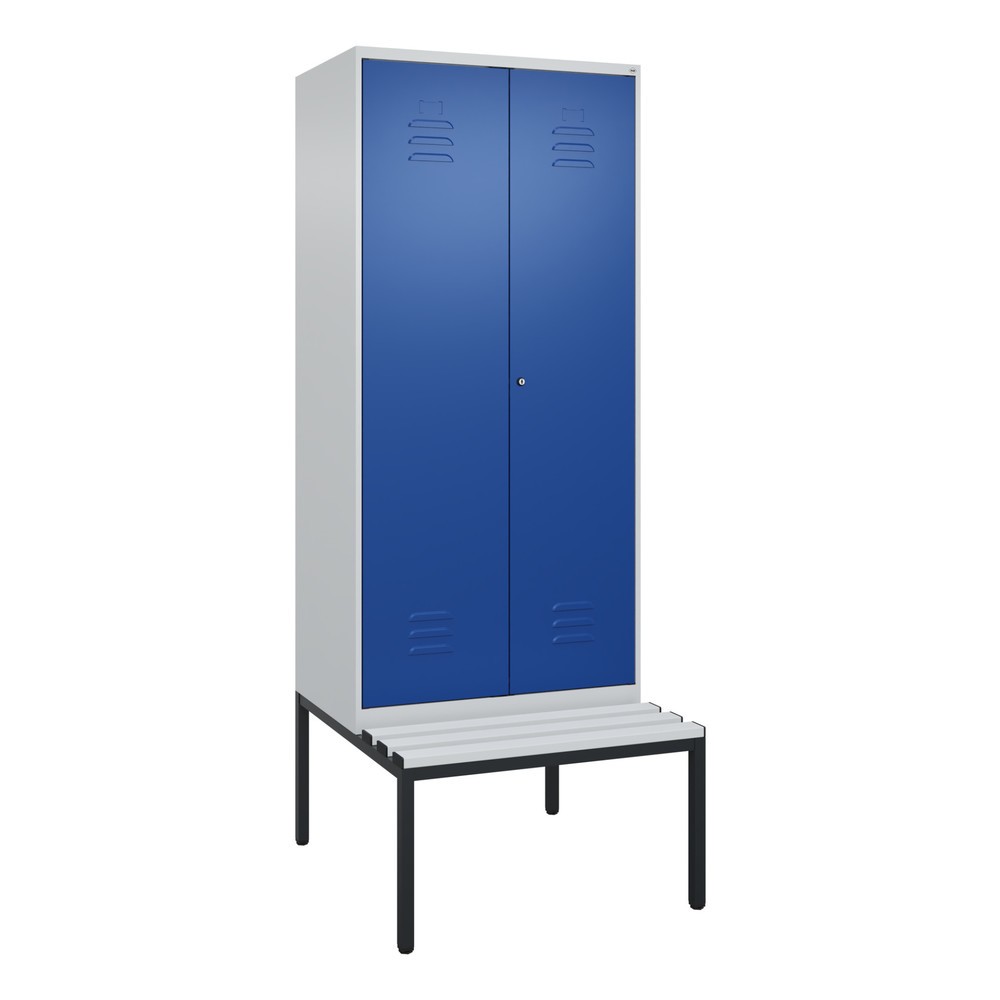 Produktabbildung: C+P Schwarz-Weiß-Spind Classic PLUS, 2 Abteile, HxBxT 2.120 x 800 x 815 mm, Zylinderschloss, untergebaute Bank aus Kunststoff, lichtgrau, enzianblau