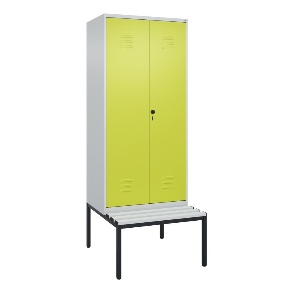Produktabbildung: C+P Schwarz-Weiß-Spind Classic PLUS, 2 Abteile, HxBxT 2.120 x 800 x 815 mm, für Vorhängeschloss, untergebaute Bank aus Kunststoff, lichtgrau, clowngrün