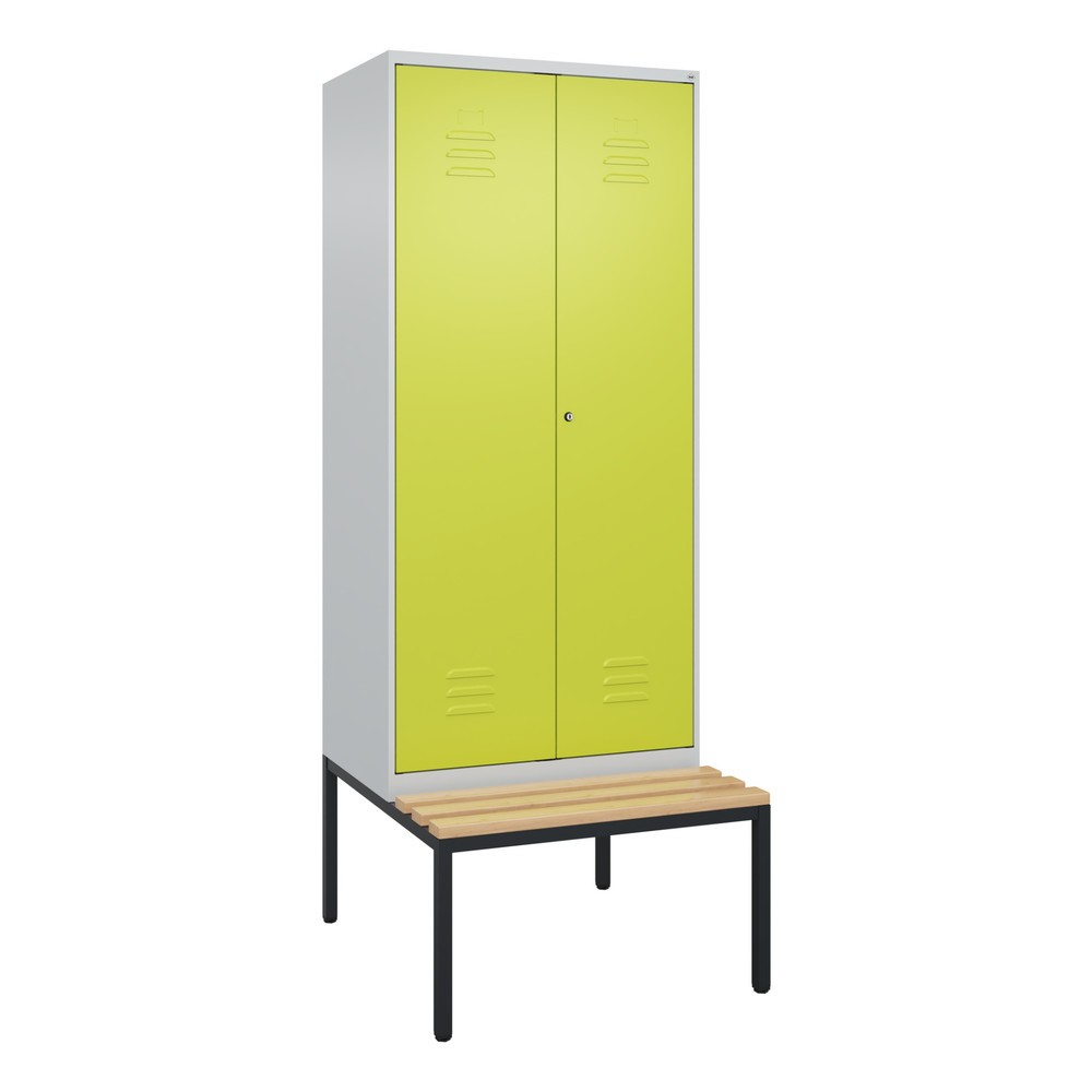 Produktabbildung: C+P Schwarz-Weiß-Spind Classic PLUS, 2 Abteile, HxBxT 2.120 x 800 x 815 mm, Zylinderschloss, untergebaute Bank aus Buche, lichtgrau, clowngrün