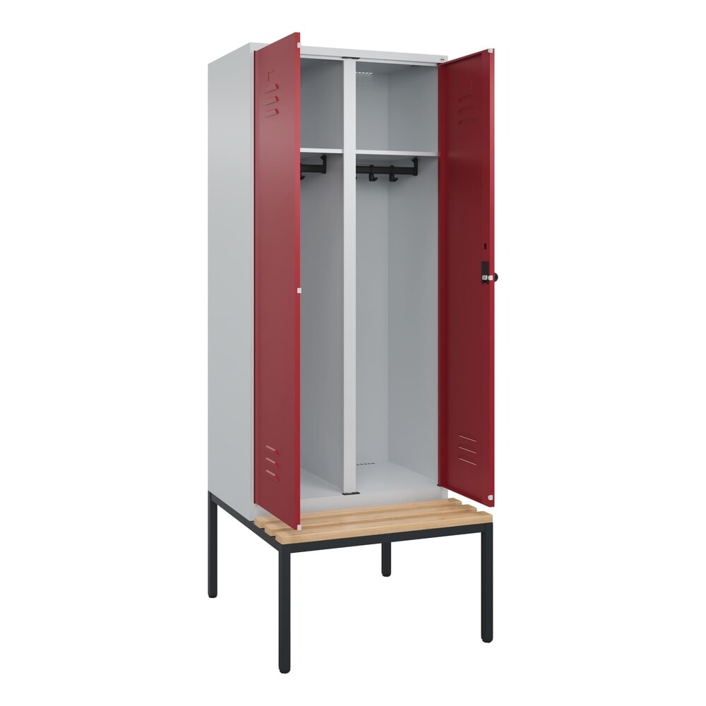 Produktabbildung Nr. 1: C+P Schwarz-Weiß-Spind Classic PLUS, 2 Abteile, HxBxT 2.120 x 800 x 815 mm, für Vorhängeschloss, untergebaute Bank aus Buche, lichtgrau, rubinrot