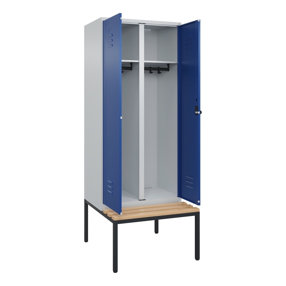 Produktabbildung: C+P Schwarz-Weiß-Spind Classic PLUS, 2 Abteile, HxBxT 2.120 x 800 x 815 mm, für Vorhängeschloss, untergebaute Bank aus Buche, lichtgrau, enzianblau