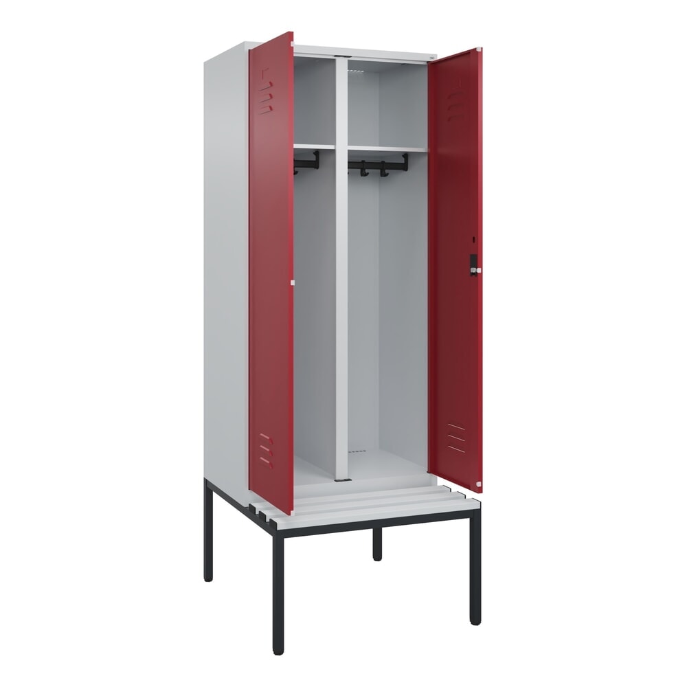 Produktabbildung: C+P Schwarz-Weiß-Spind Classic PLUS, 2 Abteile, HxBxT 2.120 x 800 x 815 mm, Zylinderschloss, untergebaute Bank aus Kunststoff, lichtgrau, rubinrot