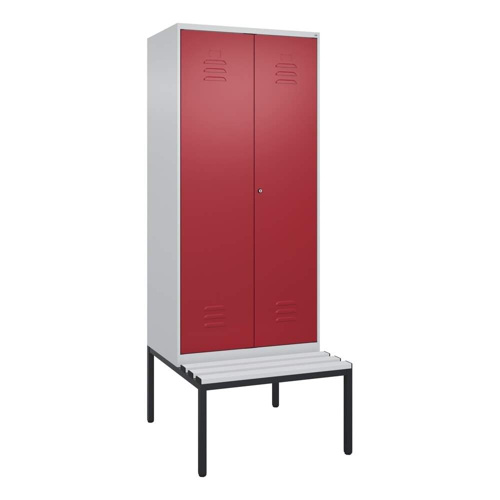 Produktabbildung Nr. 9: C+P Schwarz-Weiß-Spind Classic PLUS, 2 Abteile, HxBxT 2.120 x 800 x 815 mm, Zylinderschloss, untergebaute Bank aus Kunststoff, lichtgrau, rubinrot