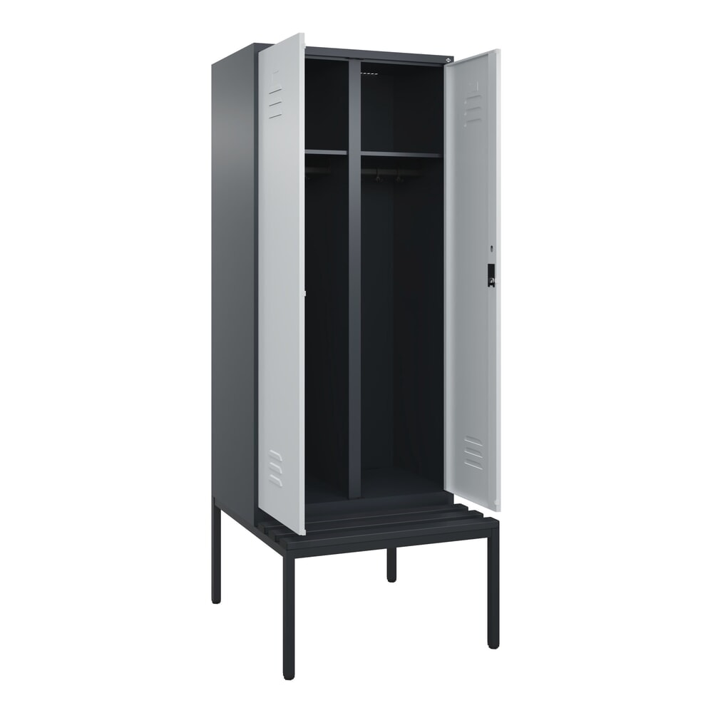 Produktabbildung: C+P Schwarz-Weiß-Spind Classic PLUS, 2 Abteile, HxBxT 2.120 x 800 x 815 mm, Zylinderschloss, untergebaute Bank aus Kunststoff, anthrazitgrau, lichtgrau