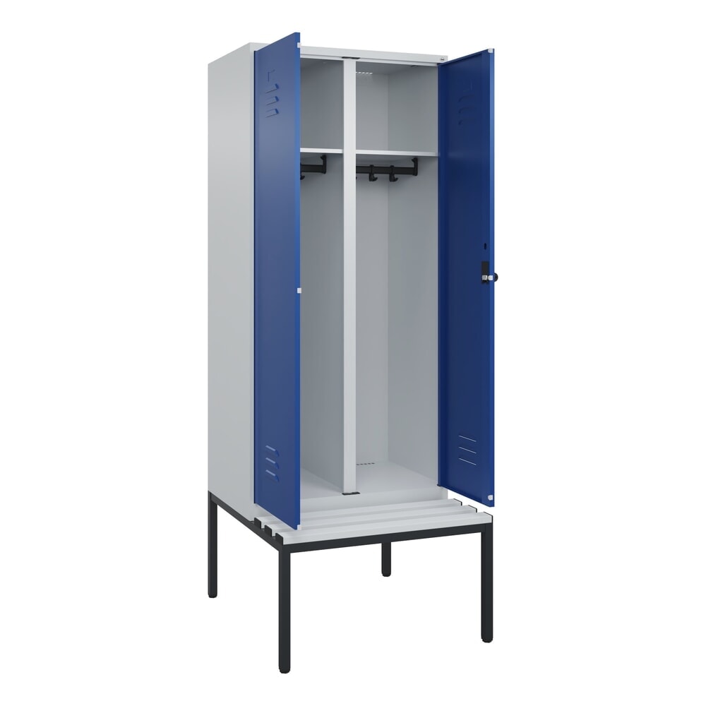 C+P Schwarz-Weiß-Spind Classic PLUS, 2 Abteile, HxBxT 2.120 x 800 x 815 mm, für Vorhängeschloss, untergebaute Bank aus Kunststoff, lichtgrau, enzianblau Produktabbildung: C+P Schwarz-Weiß-Spind Classic PLUS, 2 Abteile, HxBxT 2.120 x 800 x 815 mm, für Vorhängeschloss, untergebaute Bank aus Kunststoff, lichtgrau, enzianblau