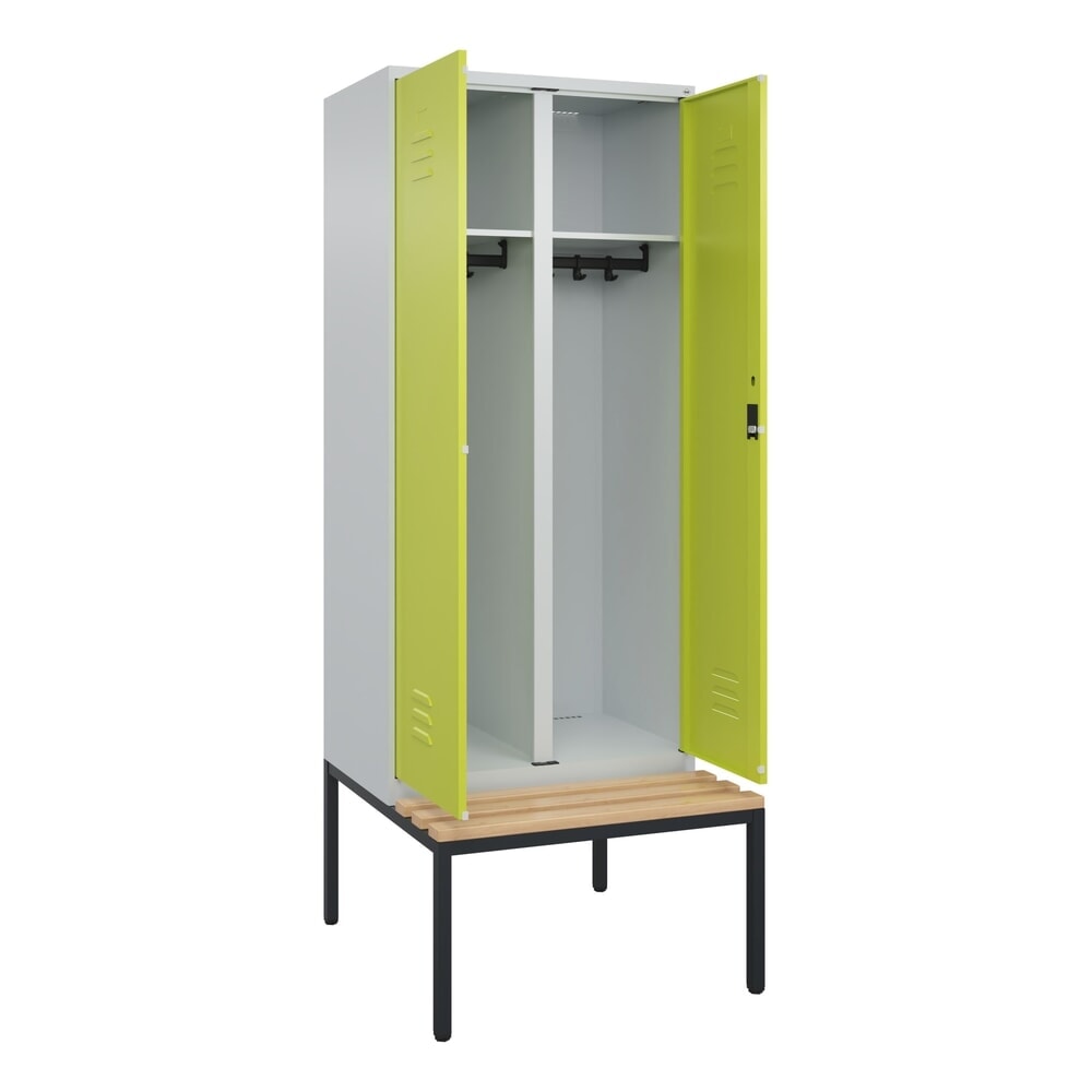 Produktabbildung: C+P Schwarz-Weiß-Spind Classic PLUS, 2 Abteile, HxBxT 2.120 x 800 x 815 mm, Zylinderschloss, untergebaute Bank aus Buche, lichtgrau, clowngrün