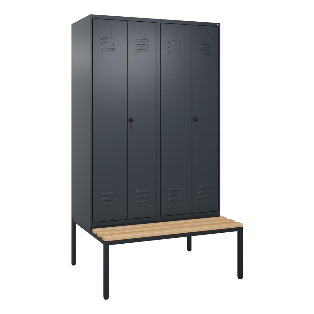 Produktabbildung: C+P Schwarz-Weiß-Spind Classic PLUS, 4 Abteile, HxBxT 2.120 x 1.200 x 815 mm, für Vorhängeschloss, untergebaute Bank aus Buche, anthrazitgrau, anthrazitgrau