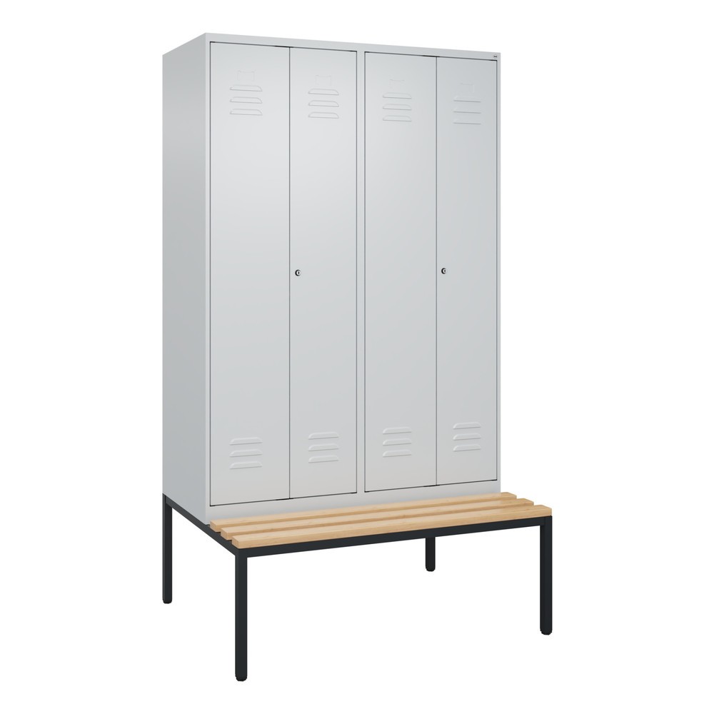 Produktabbildung: C+P Schwarz-Weiß-Spind Classic PLUS, 4 Abteile, HxBxT 2.120 x 1.200 x 815 mm, Zylinderschloss, untergebaute Bank aus Buche, lichtgrau, lichtgrau