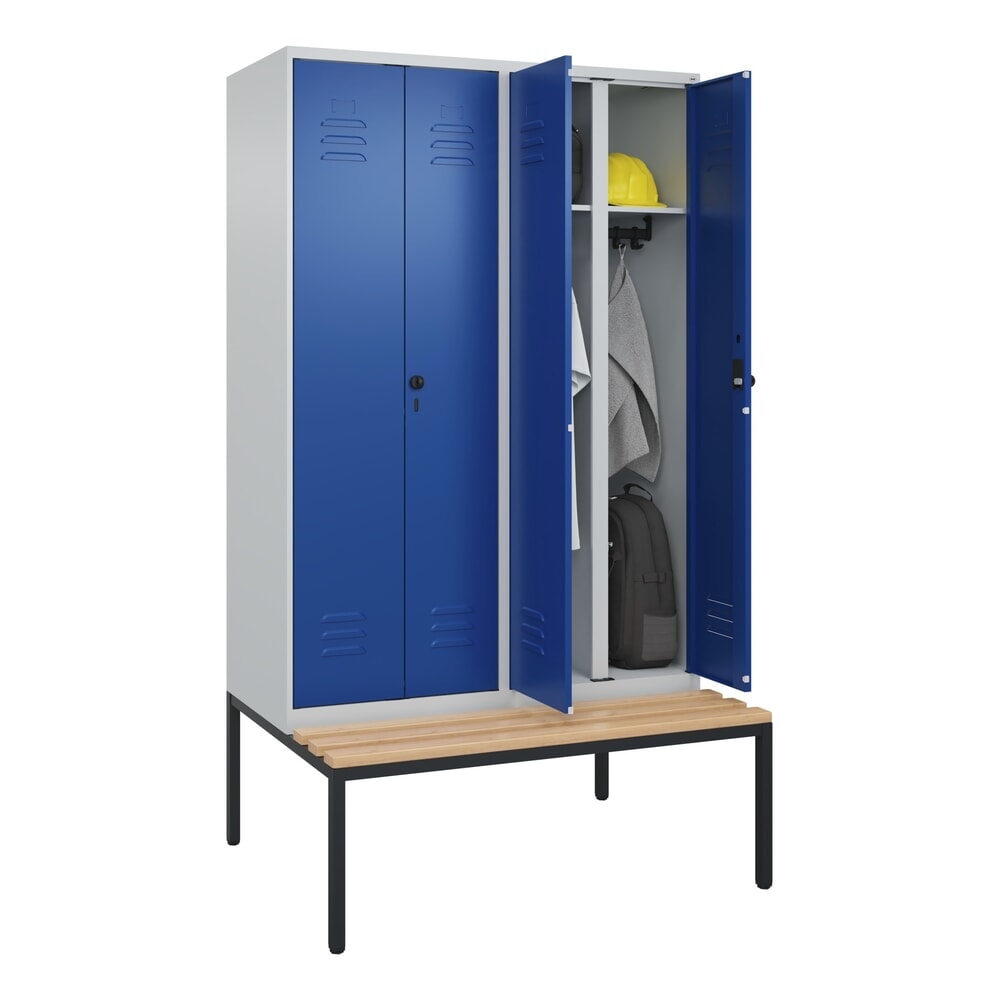 Produktabbildung Nr. 10: C+P Schwarz-Weiß-Spind Classic PLUS, 4 Abteile, HxBxT 2.120 x 1.200 x 815 mm, für Vorhängeschloss, untergebaute Bank aus Buche, lichtgrau, enzianblau