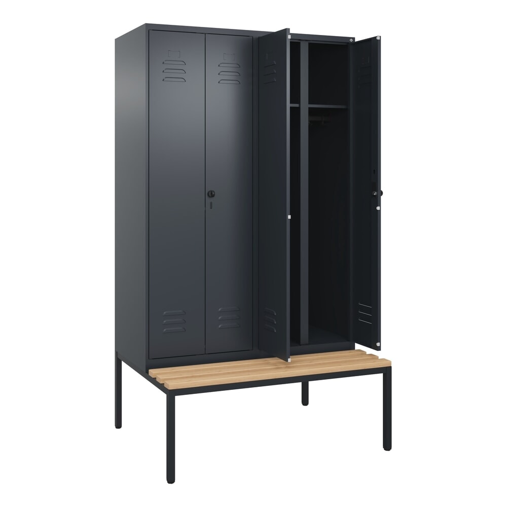 Produktabbildung Nr. 1: C+P Schwarz-Weiß-Spind Classic PLUS, 4 Abteile, HxBxT 2.120 x 1.200 x 815 mm, für Vorhängeschloss, untergebaute Bank aus Buche, anthrazitgrau, anthrazitgrau