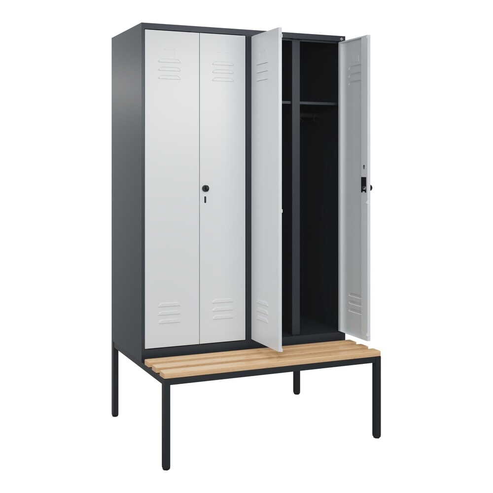 Produktabbildung: C+P Schwarz-Weiß-Spind Classic PLUS, 4 Abteile, HxBxT 2.120 x 1.200 x 815 mm, für Vorhängeschloss, untergebaute Bank aus Buche, anthrazitgrau, lichtgrau