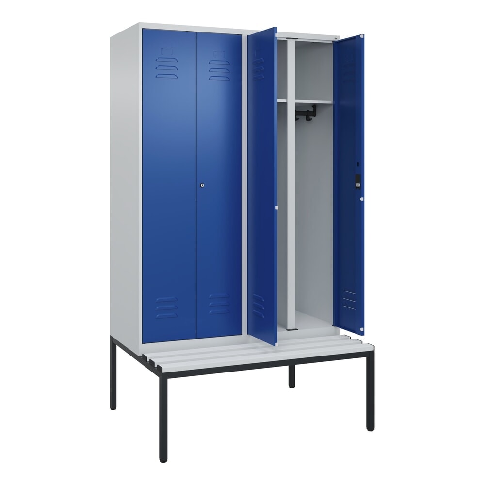 Produktabbildung Nr. 1: C+P Schwarz-Weiß-Spind Classic PLUS, 4 Abteile, HxBxT 2.120 x 1.200 x 815 mm, Zylinderschloss, untergebaute Bank aus Kunststoff, lichtgrau, enzianblau