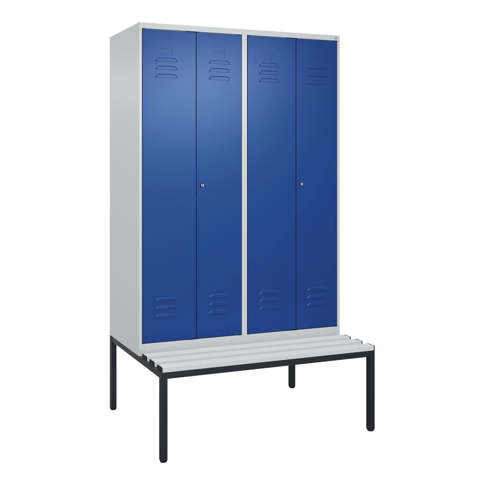 Produktabbildung Nr. 9: C+P Schwarz-Weiß-Spind Classic PLUS, 4 Abteile, HxBxT 2.120 x 1.200 x 815 mm, Zylinderschloss, untergebaute Bank aus Kunststoff, lichtgrau, enzianblau