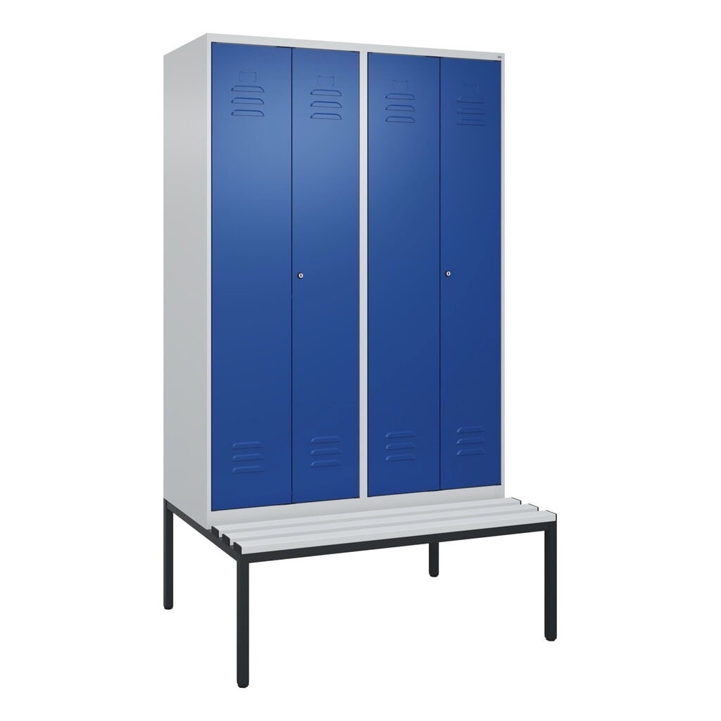 Produktabbildung Nr. 9: C+P Schwarz-Weiß-Spind Classic PLUS, 4 Abteile, HxBxT 2.120 x 1.200 x 815 mm, Zylinderschloss, untergebaute Bank aus Kunststoff, lichtgrau, enzianblau