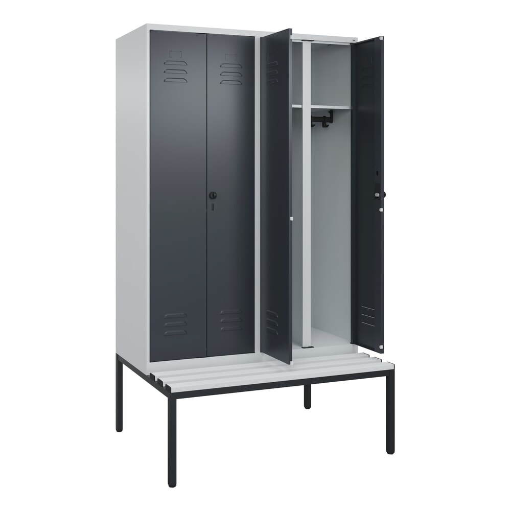Produktabbildung Nr. 1: C+P Schwarz-Weiß-Spind Classic PLUS, 4 Abteile, HxBxT 2.120 x 1.200 x 815 mm, für Vorhängeschloss, untergebaute Bank aus Kunststoff, lichtgrau, anthrazitgrau